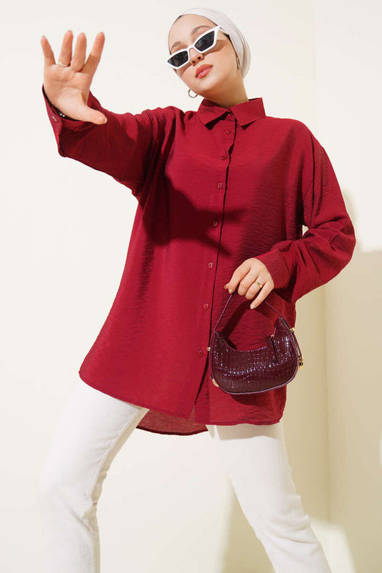 Oversize Manşet Düğmeli Gömlek Bordo