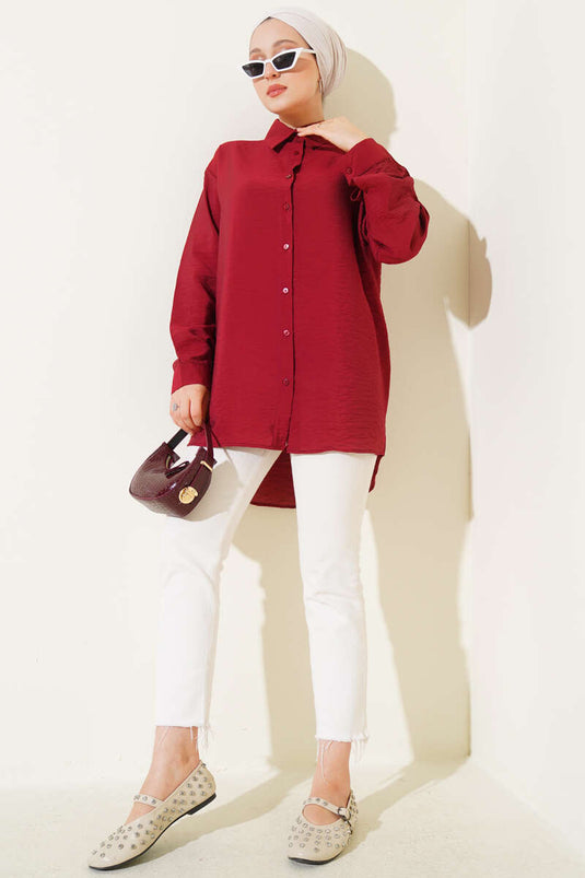 Oversize Manşet Düğmeli Gömlek Bordo