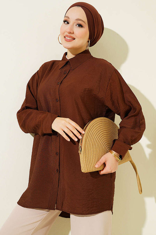 Oversize Manşet Düğmeli Gömlek Kahve