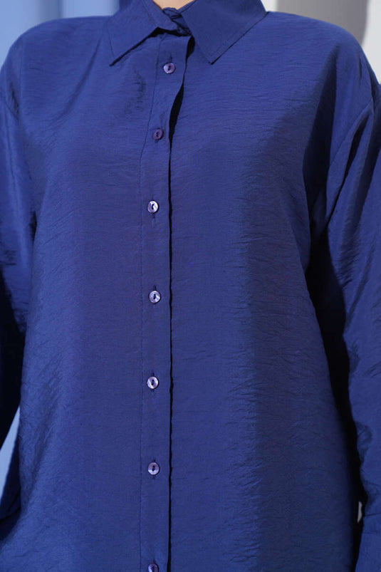 Oversize Manşet Düğmeli Gömlek Lacivert