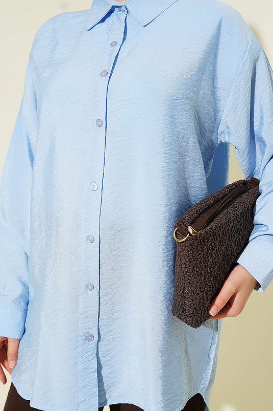 Oversize Manşet Düğmeli Gömlek Mavi