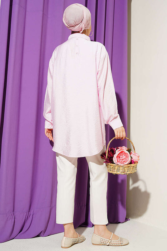 Oversize Manşet Düğmeli Gömlek Pembe