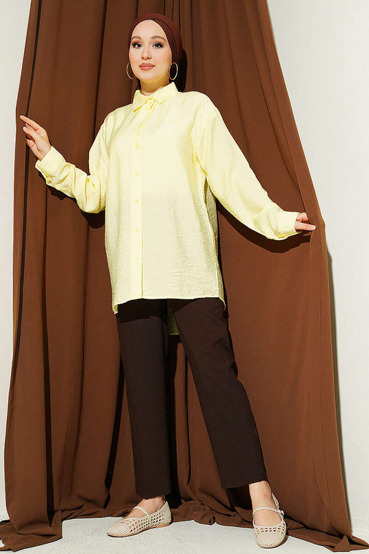 Oversize Manşet Düğmeli Gömlek Sarı