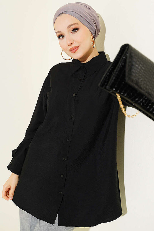 Oversize Manşet Düğmeli Gömlek Siyah