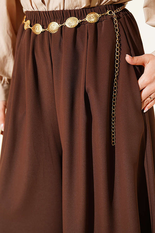 Oversize Paçalı Bel Lastikli Pantolon Kahve