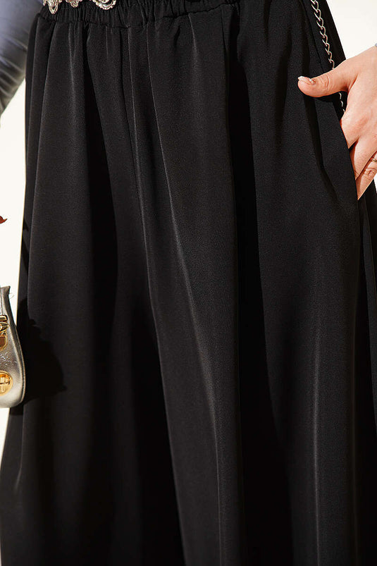 Oversize Paçalı Bel Lastikli Pantolon Siyah