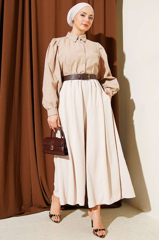 Oversize Paçalı Bel Lastikli Pantolon Taş
