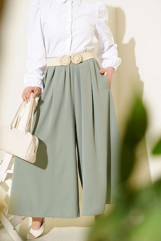 Oversize Paçalı Bel Lastikli Pantolon Yeşil