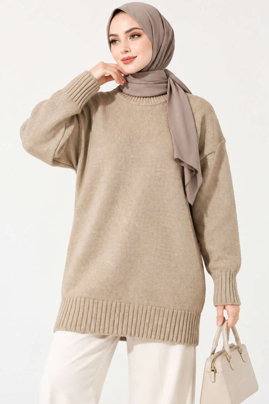 Oversized Ribbed Knit Tunic Beige