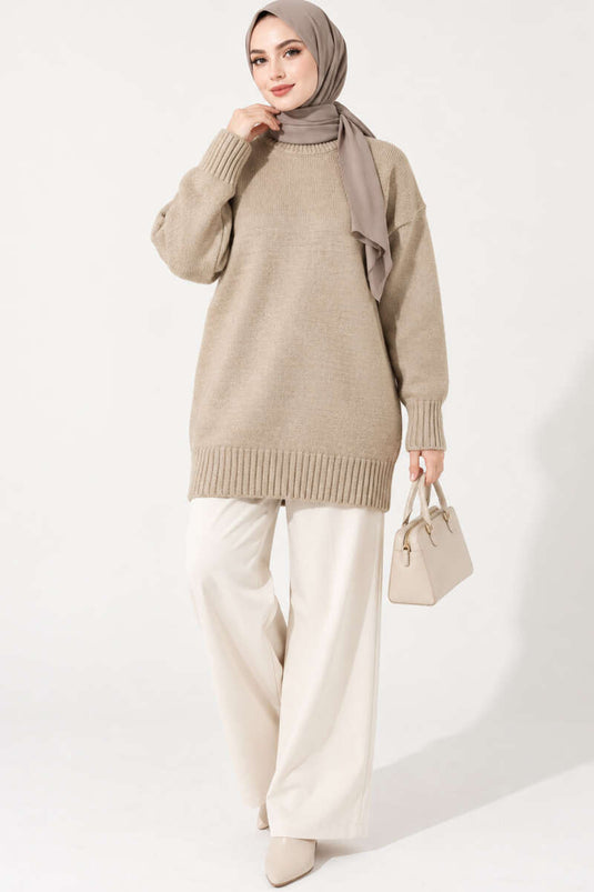 Oversized Ribbed Knit Tunic Beige