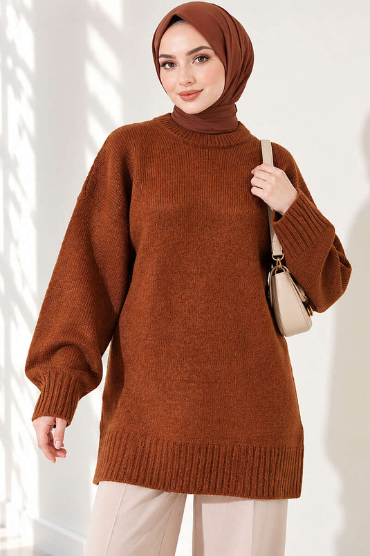 Oversize Ribanalı Triko Tunik Karamel