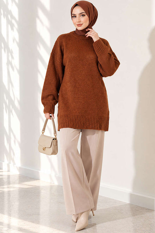Oversize Ribanalı Triko Tunik Karamel
