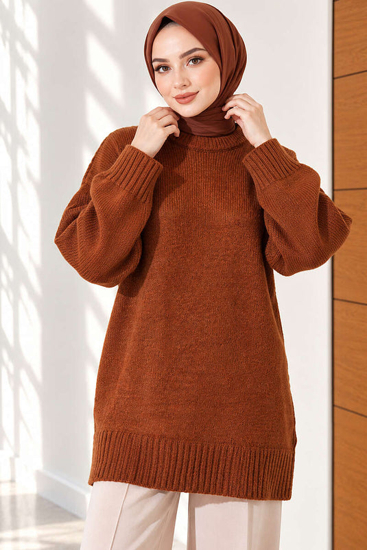 Oversize Ribanalı Triko Tunik Karamel