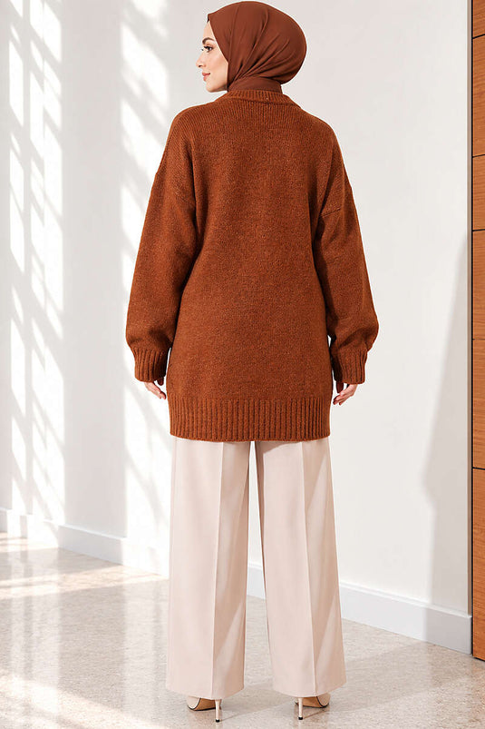 Oversize Ribanalı Triko Tunik Karamel