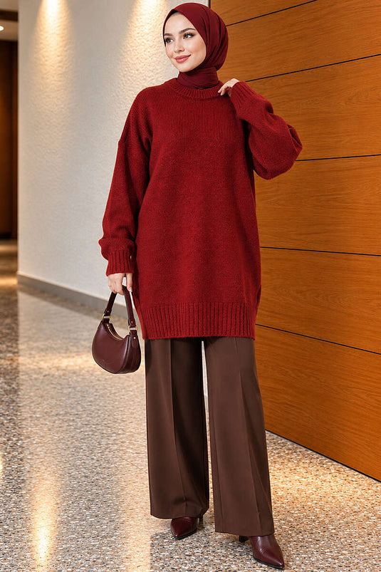 Oversize Ribanalı Triko Tunik Kiremit
