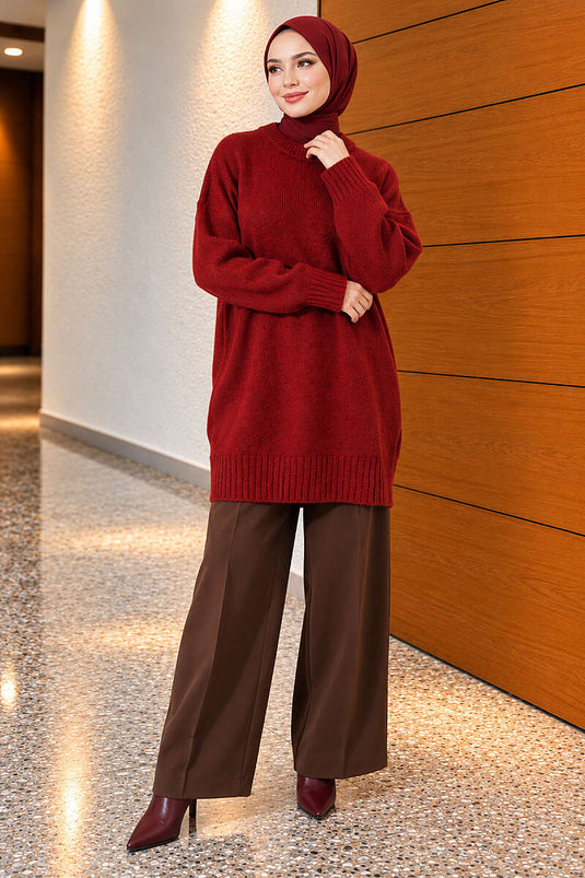 Oversize Ribanalı Triko Tunik Kiremit