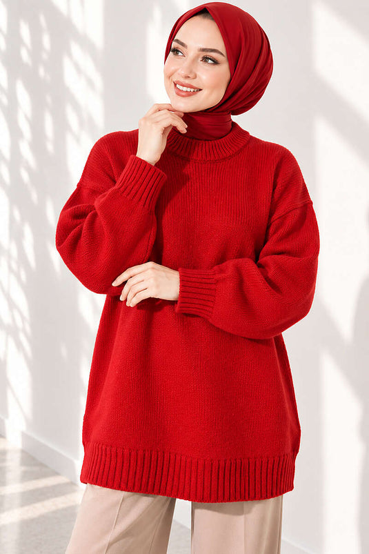 Oversize Ribanalı Triko Tunik Kırmızı