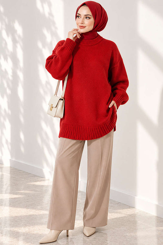 Oversize Ribanalı Triko Tunik Kırmızı