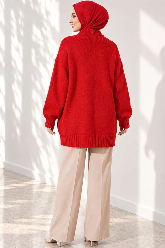 Oversize Ribanalı Triko Tunik Kırmızı