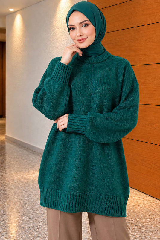 Oversize Ribanalı Triko Tunik Nefti