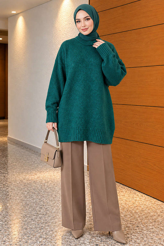 Oversize Ribanalı Triko Tunik Nefti