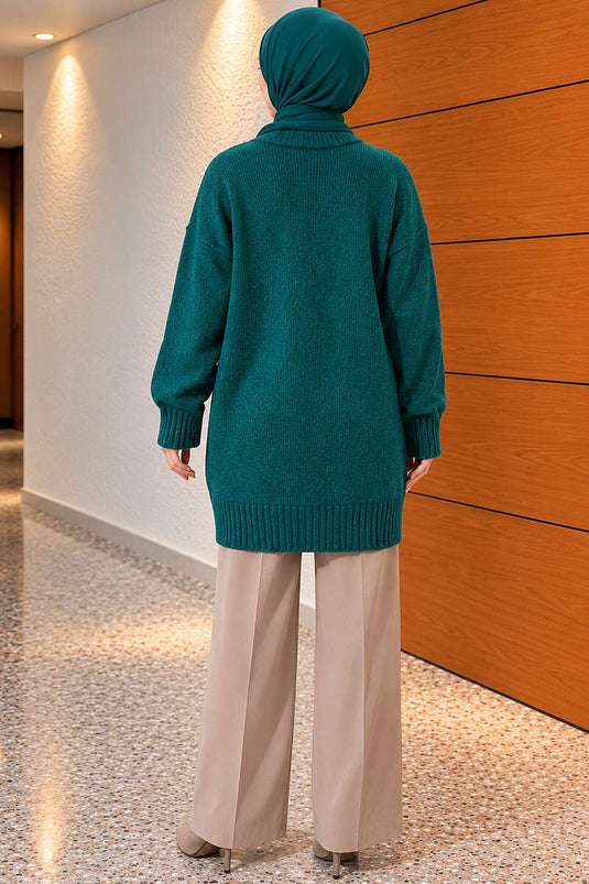 Oversize Ribanalı Triko Tunik Nefti