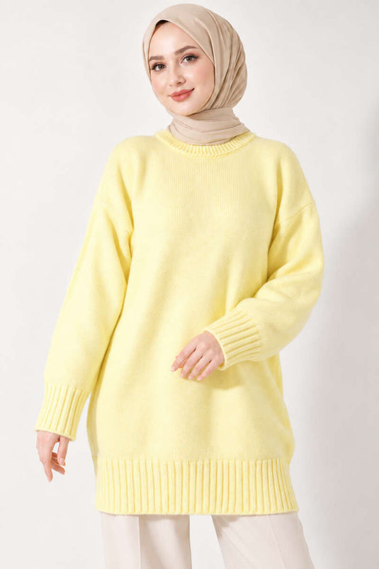 Oversize Ribanalı Triko Tunik Sarı