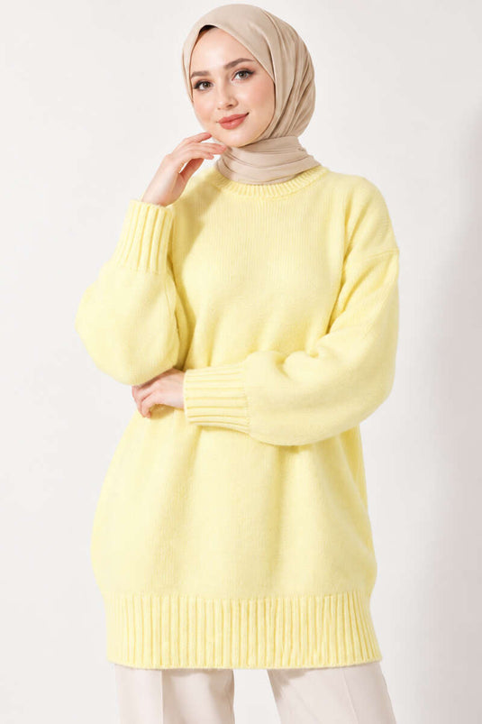 Oversize Ribanalı Triko Tunik Sarı