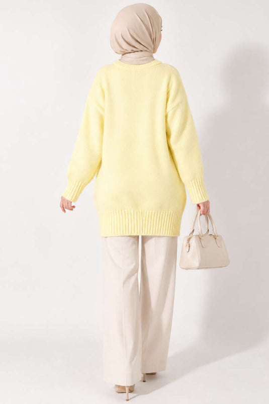Oversize Ribanalı Triko Tunik Sarı