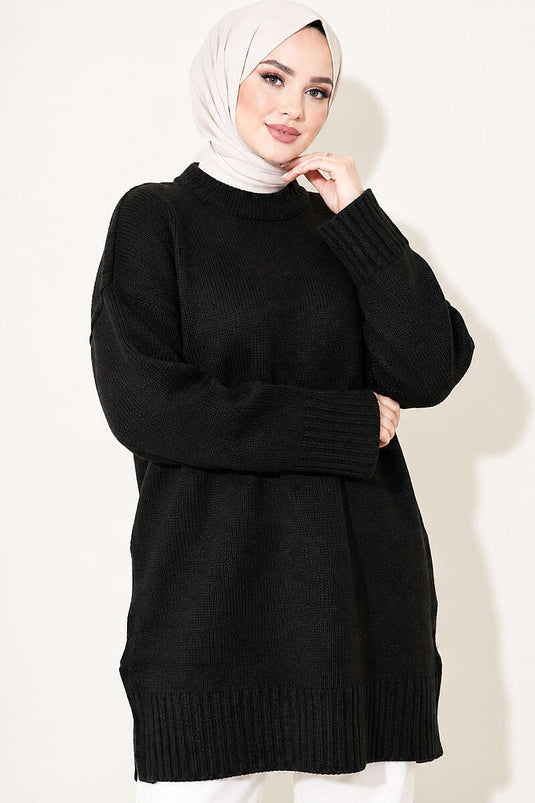Oversized Ribbed Knit Tunic Black