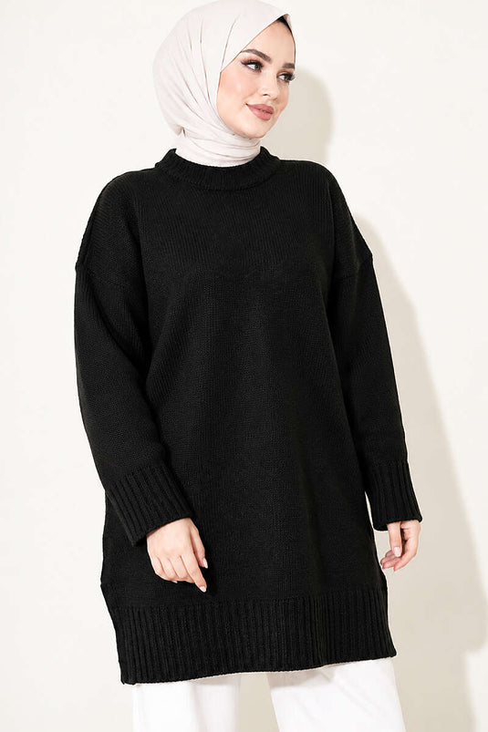 Oversized Ribbed Knit Tunic Black