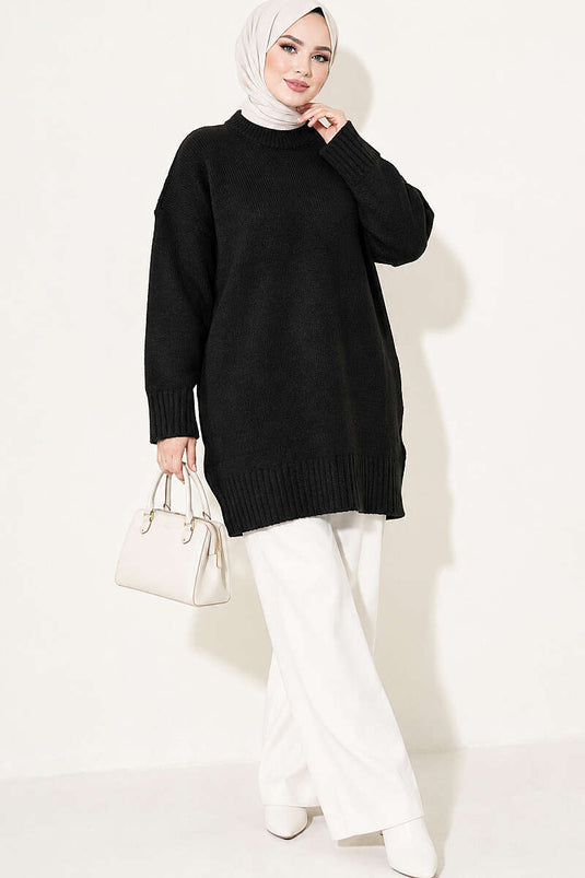Oversized Ribbed Knit Tunic Black
