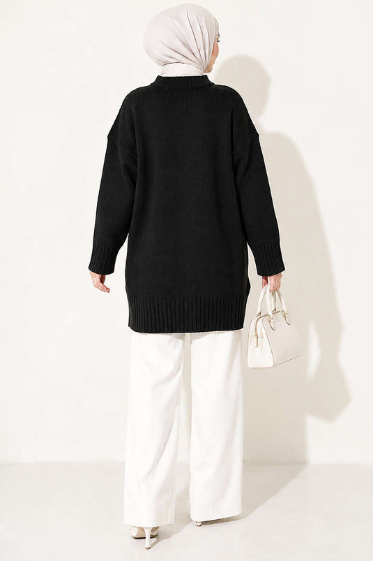 Oversized Ribbed Knit Tunic Black