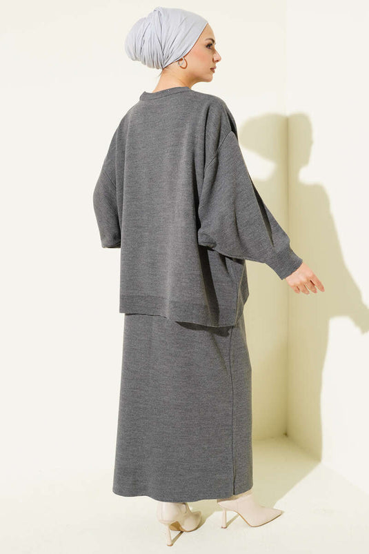 Oversize Tunik Etekli Triko İkili Takım Füme
