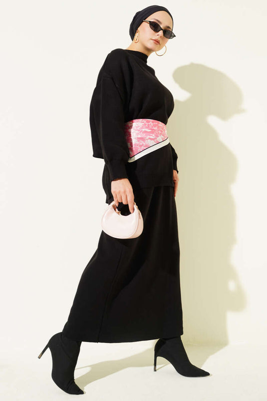 Conjunto de dos piezas de punto con falda y túnica extragrande, color negro