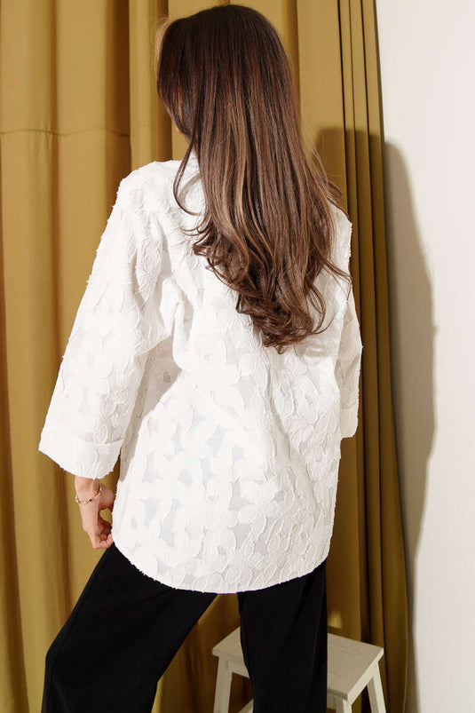 Oversized Half-Sleeve Shirt with Raised Floral Pattern White
