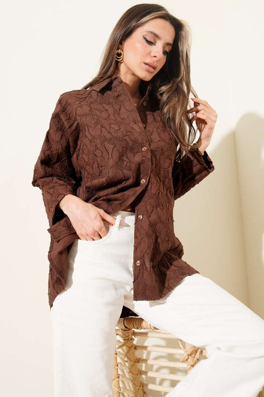 Oversized Half-Sleeve Shirt with Embossed Floral Pattern Brown