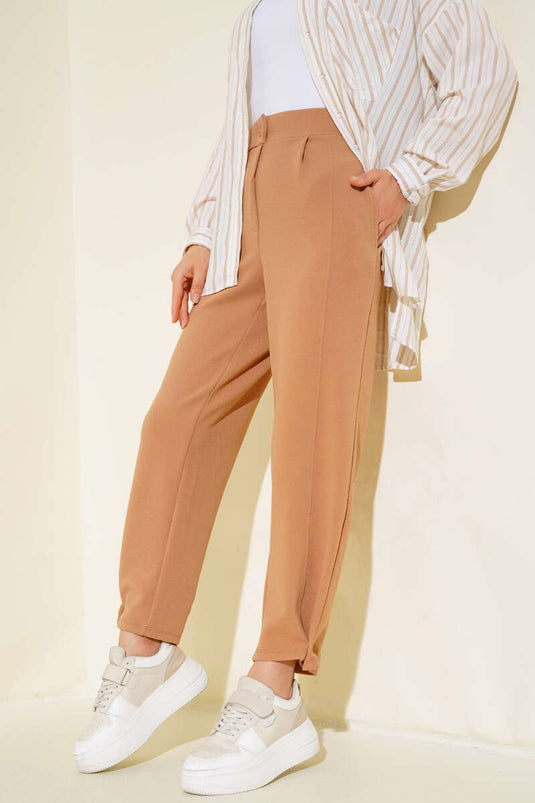 Pantalon Ample Boutonné Camel