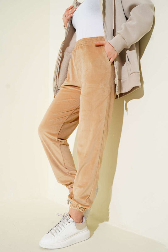 Paça Lastikli Kadife Jogger Pantolon Camel