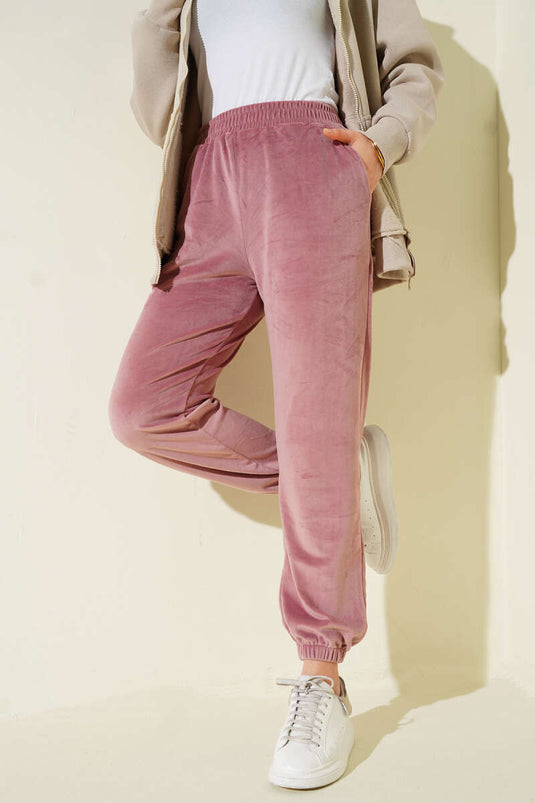 Cuffed Elastic Waist Velvet Jogger Pants Rosehip