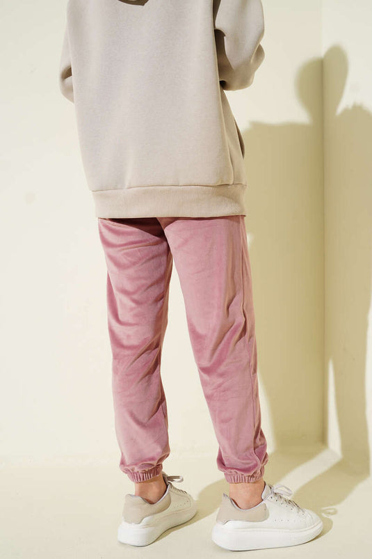 Cuffed Elastic Waist Velvet Jogger Pants Rosehip