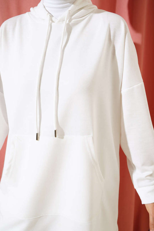 Paça Lastikli Kapüşonlu İkili Takım Beyaz