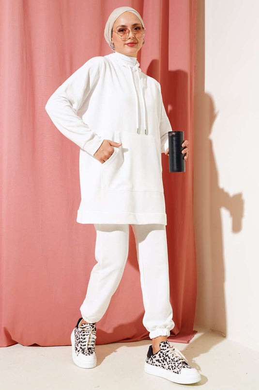 Elastic Cuffed Hooded Two-Piece Set White