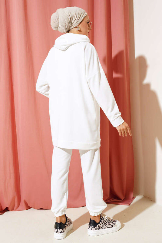 Paça Lastikli Kapüşonlu İkili Takım Beyaz