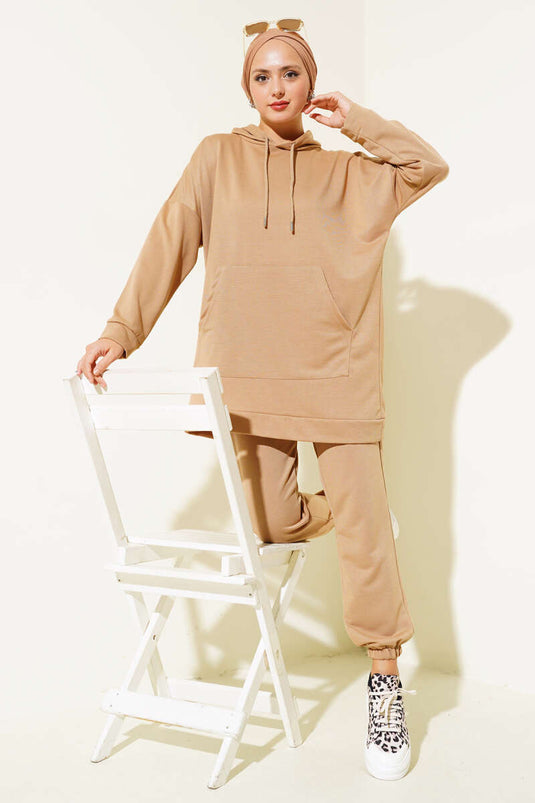 Biscuit Colored Hooded Two-Piece Set with Elastic Cuffs