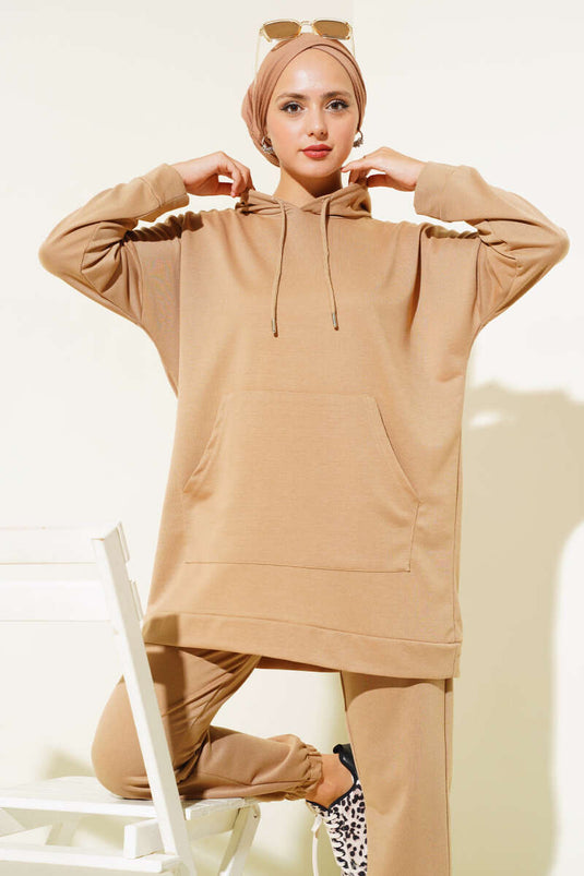 Biscuit Colored Hooded Two-Piece Set with Elastic Cuffs