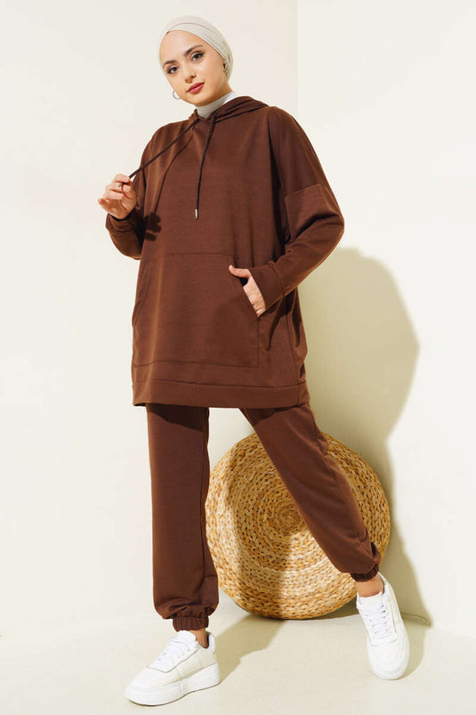 Hooded Two-Piece Set with Elastic Cuffs Brown
