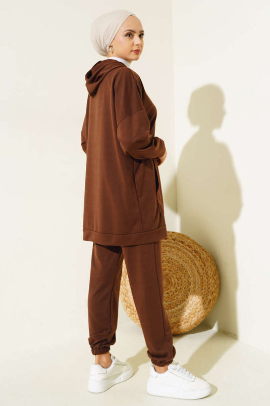 Hooded Two-Piece Set with Elastic Cuffs Brown