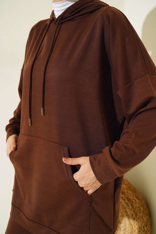 Hooded Two-Piece Set with Elastic Cuffs Brown