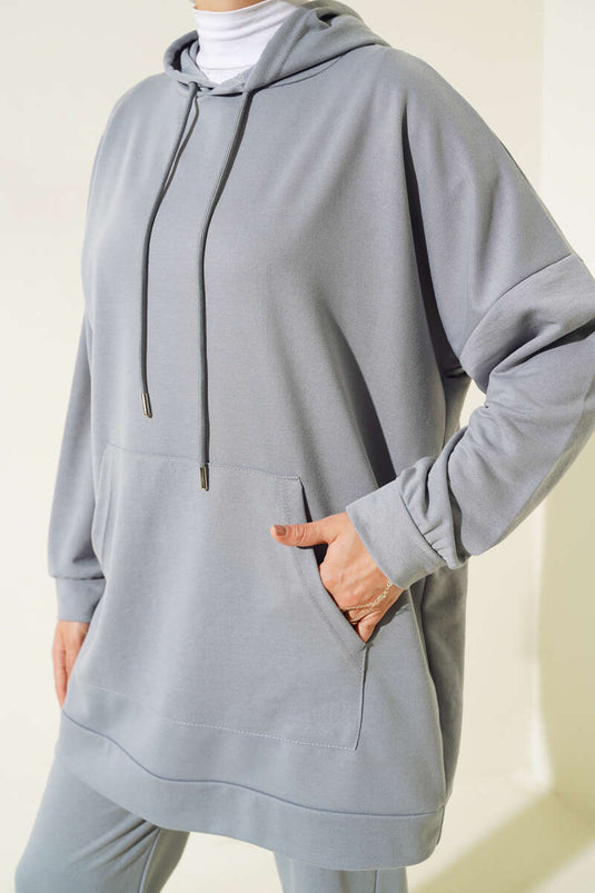 بدلة مزدوجة بغطاء رأس وأرجل مرنة باللون الرمادي الداكن